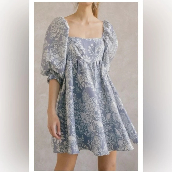 STORIA Claire Floral Damask Babydoll Puff Sleeve Mini Dress XS NWT - Picture 1 of 8